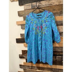 Gudrun Sjoden teal button front embroidery tunic blouse top pockets size Small